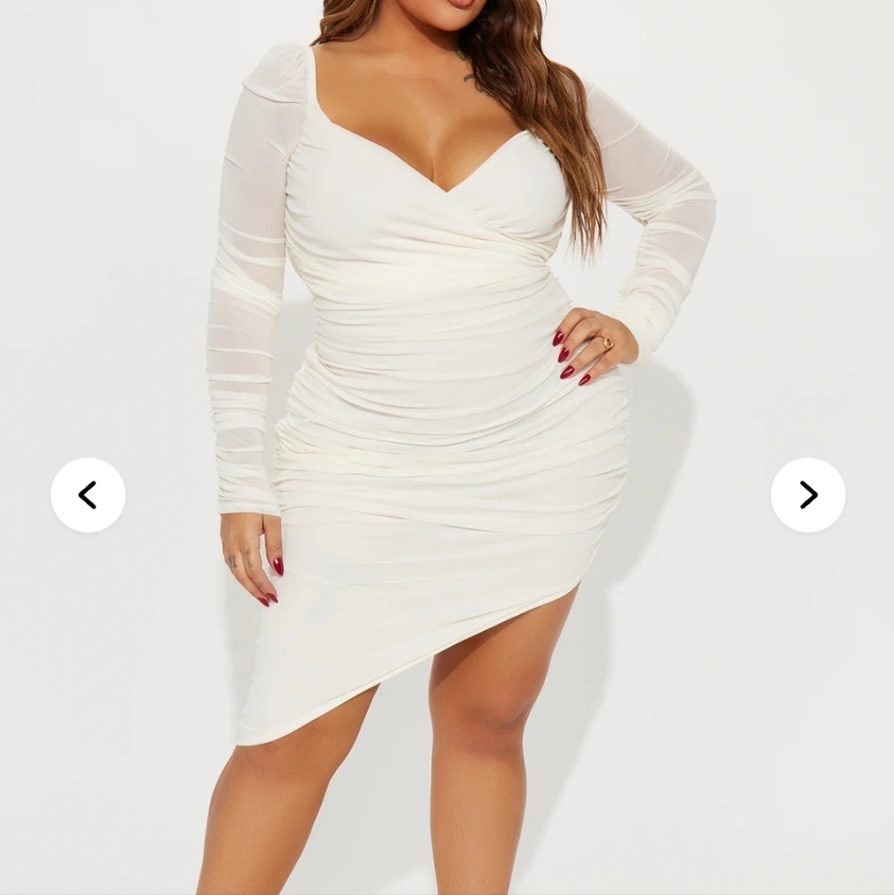 Fashion Nova White Asymmetrical Ruched Midi Dress